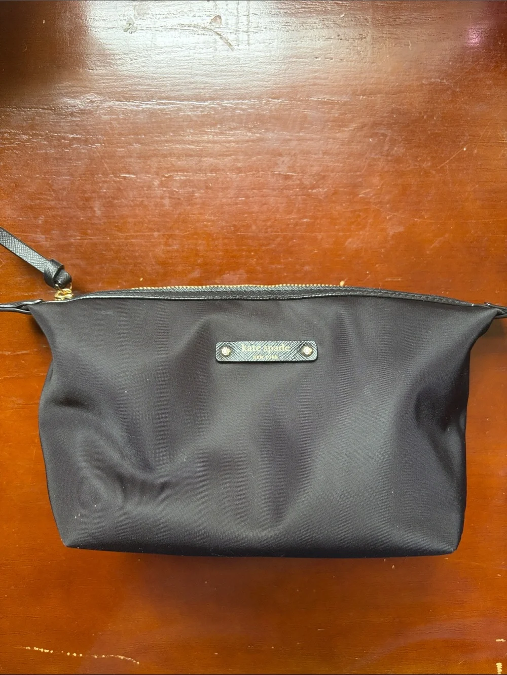 kate spade black nylon makeup bag with gold hardware